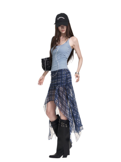 Blue Plaid Chiffon Skirt