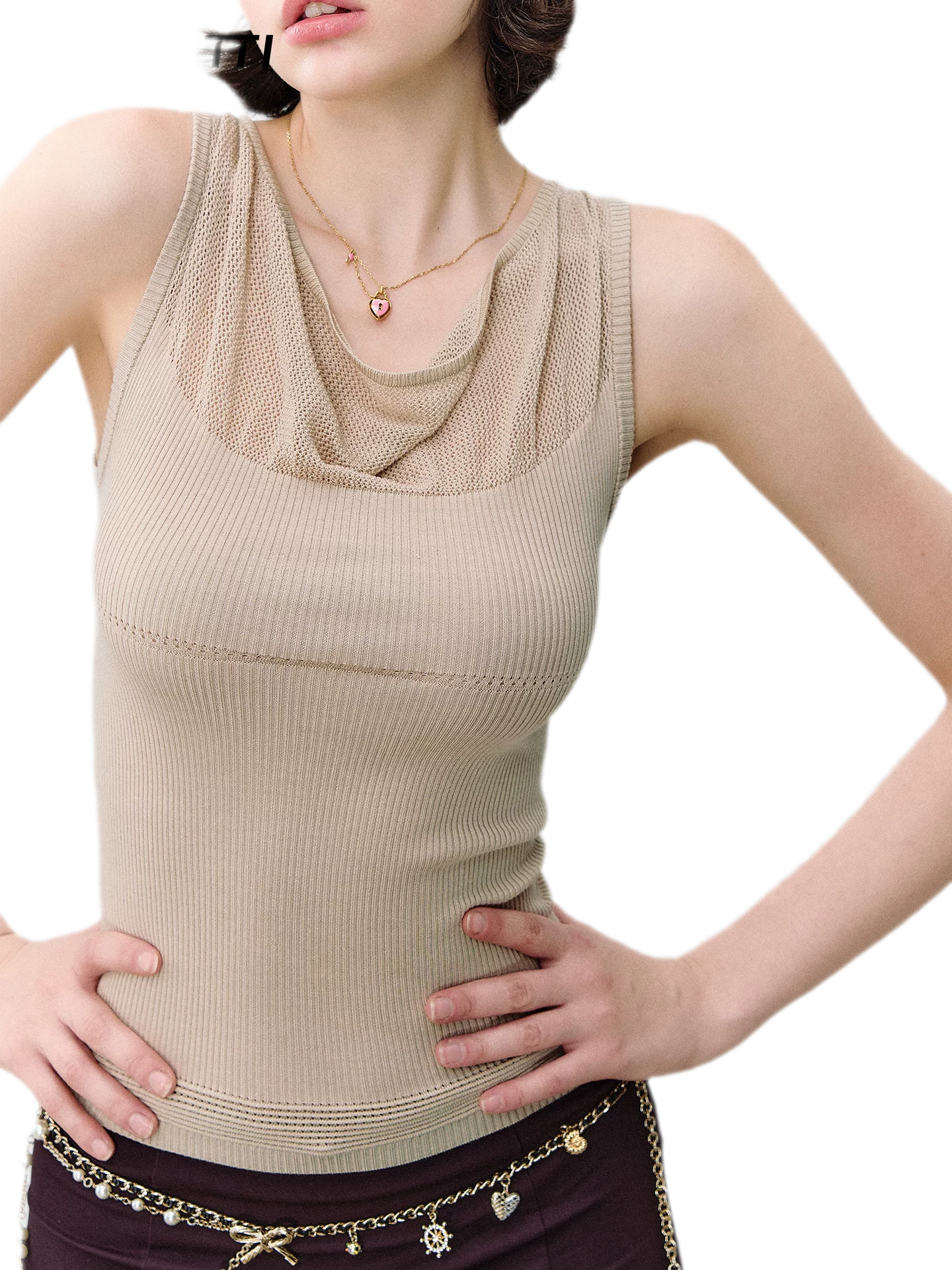 Cowl Mesh Knit Tank