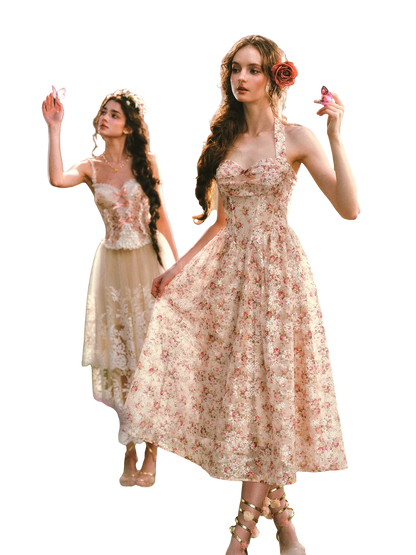 Forest Rose French Retro Floral Halter Long Dress