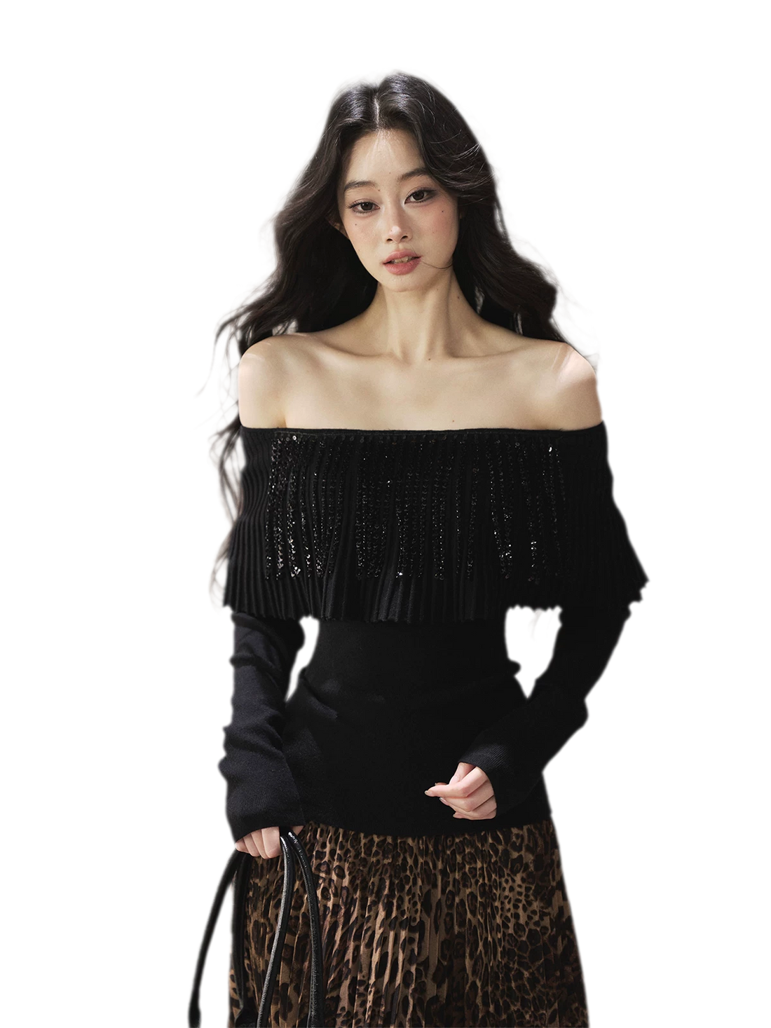 Pleated One-Shoulder Long-Sleeve Top