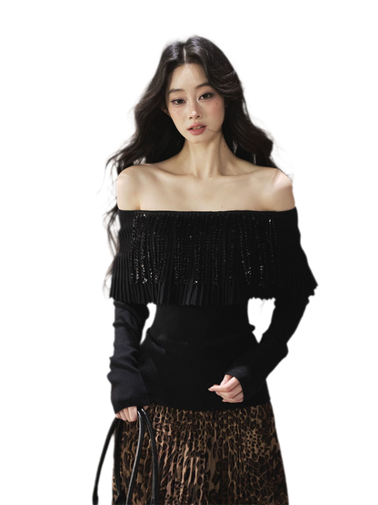 Pleated One-Shoulder Long-Sleeve Top