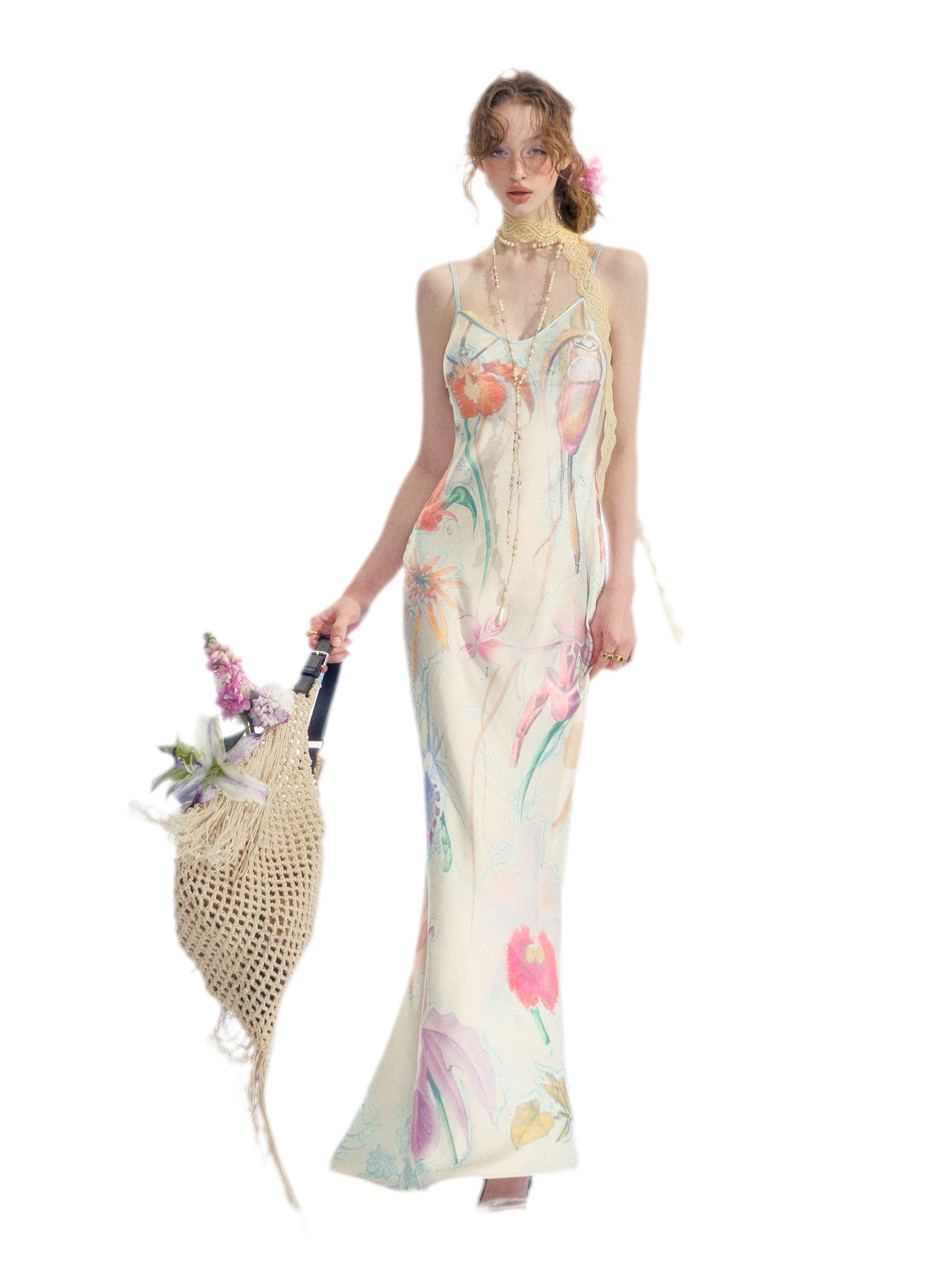 Botanical Print Bias-Cut Camisole Long Dress