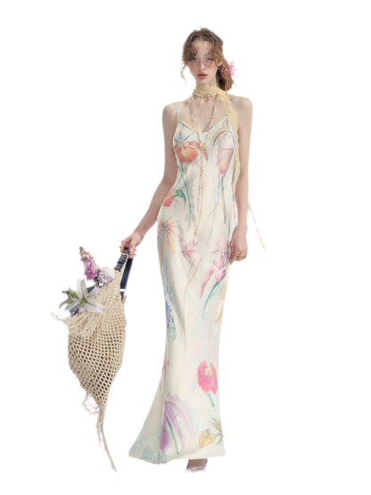 Botanical Print Bias-Cut Camisole Long Dress