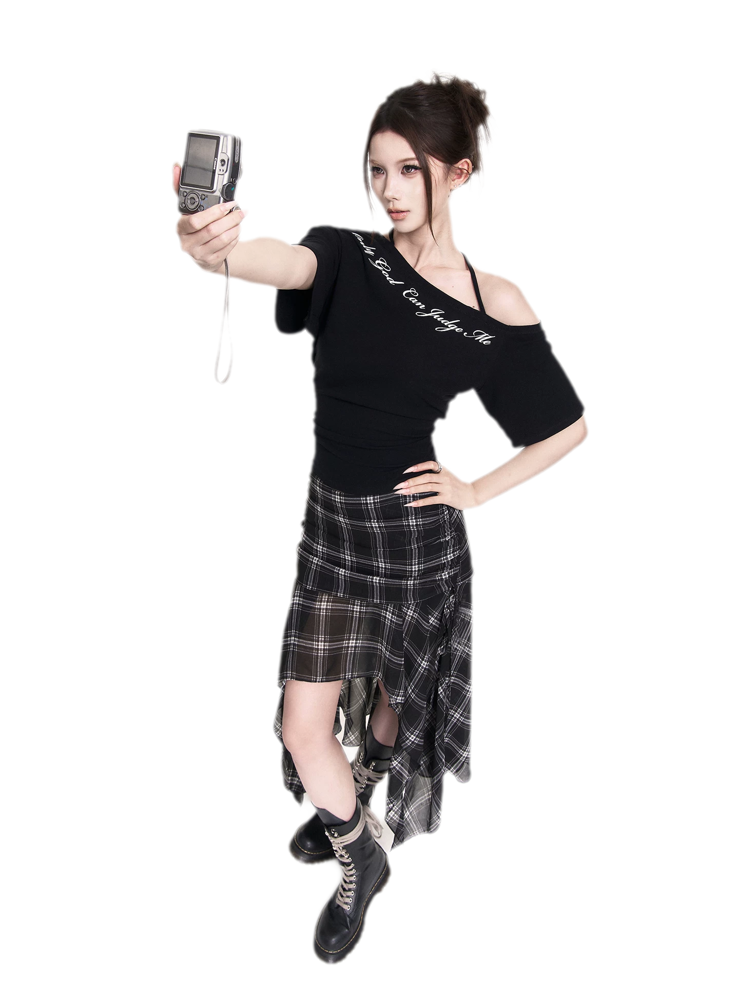 Plaid Asymmetric Midi Skirt