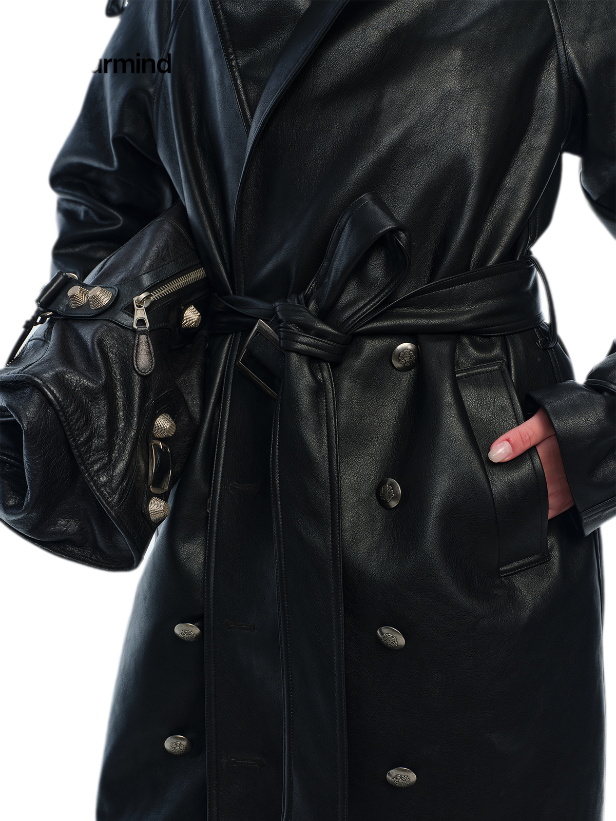 PU Leather Belted Trench Coat