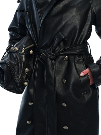 PU Leather Belted Trench Coat