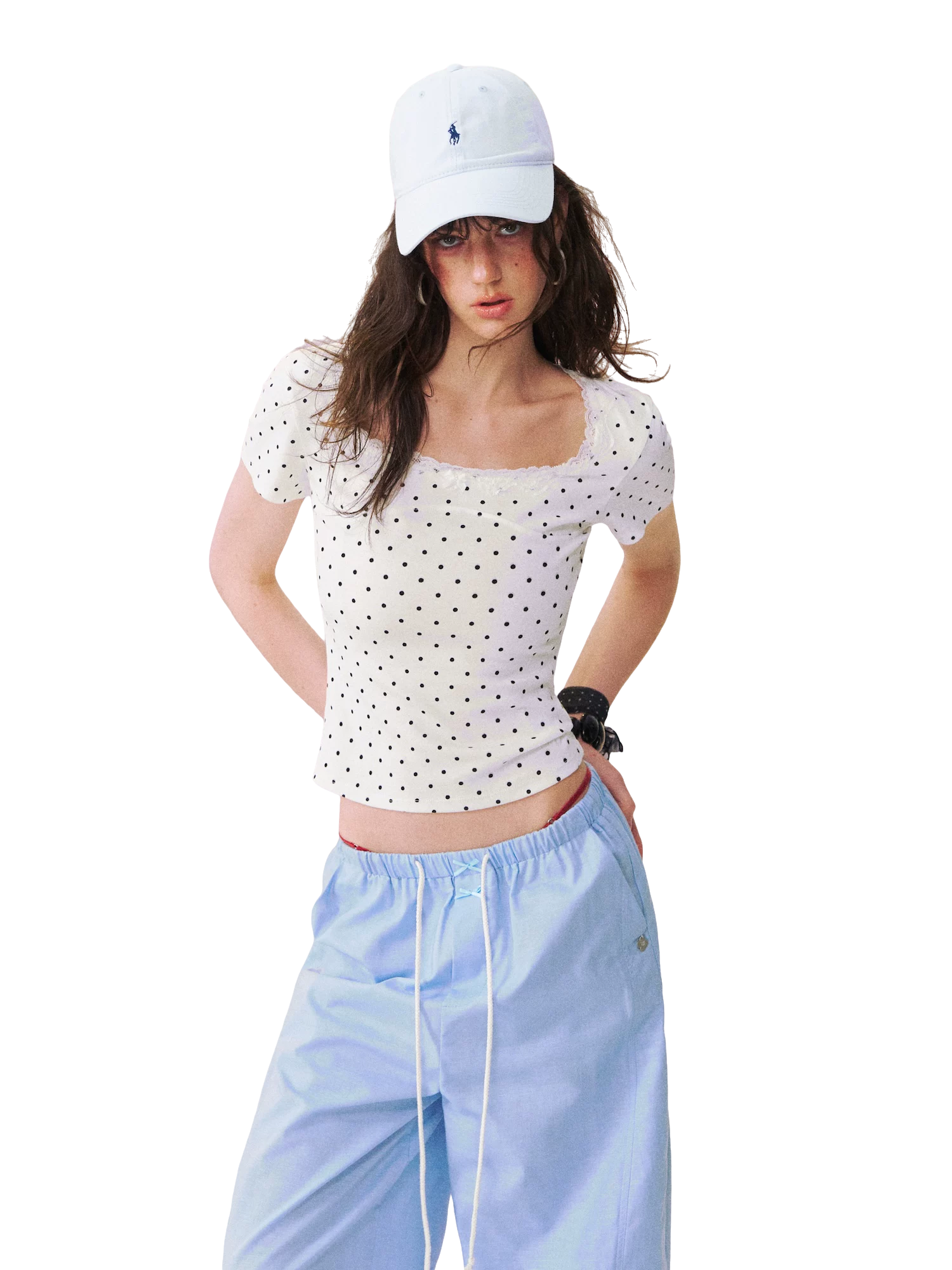 Square Neck Lace-Panel Slim T-shirt