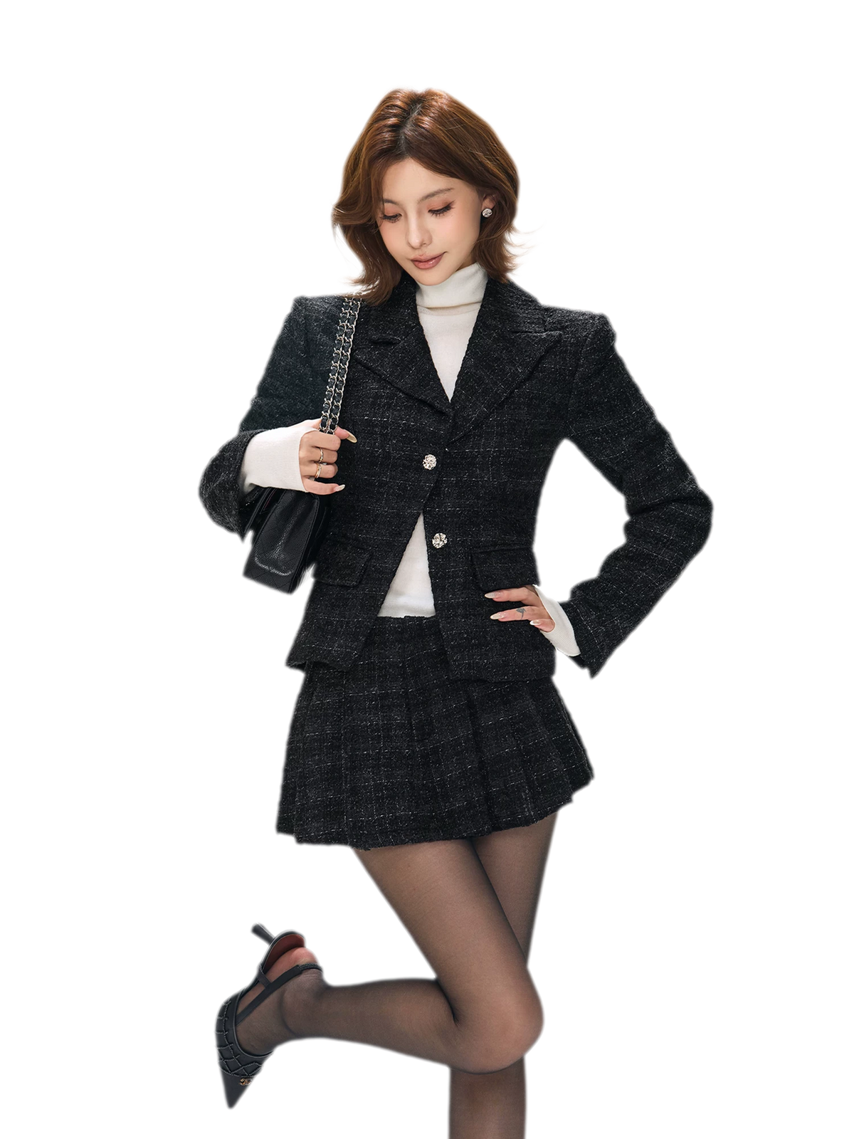 Tweed Jacket Pleated Skirt Set