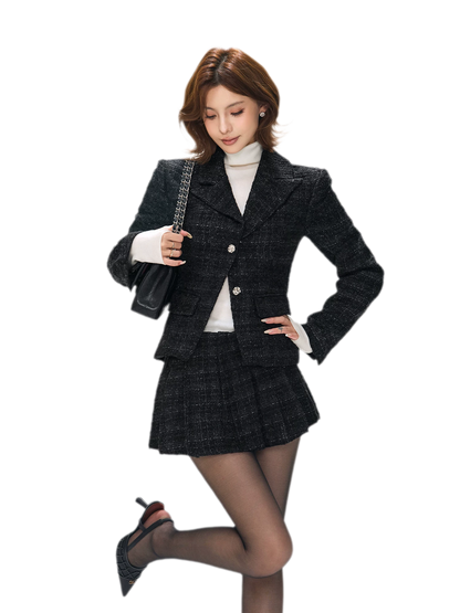 Tweed Jacket Pleated Skirt Set