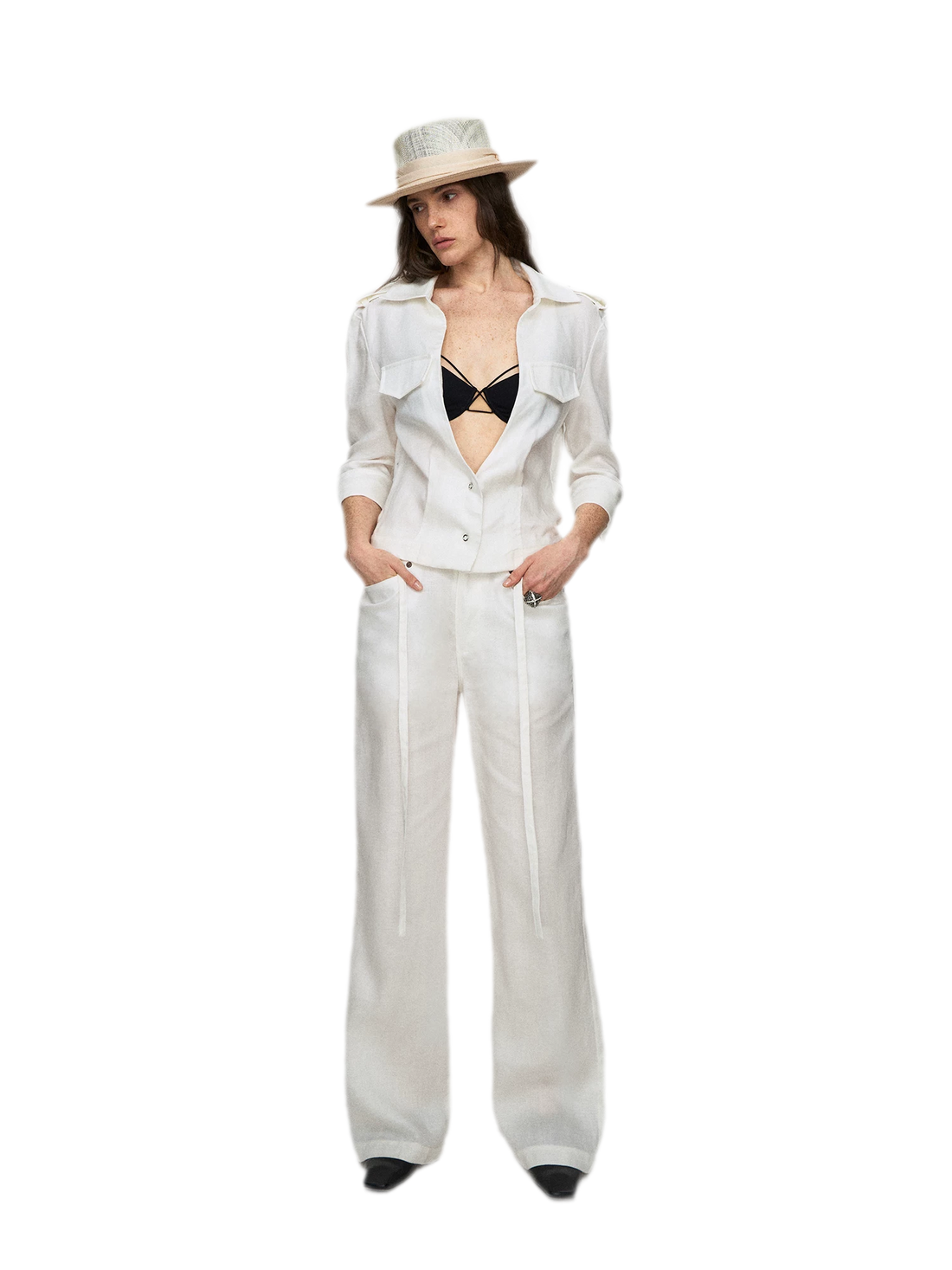 Tencel Linen Cool-Feel Mid-Sleeve Shirt &amp; High-Waist Wide-Leg