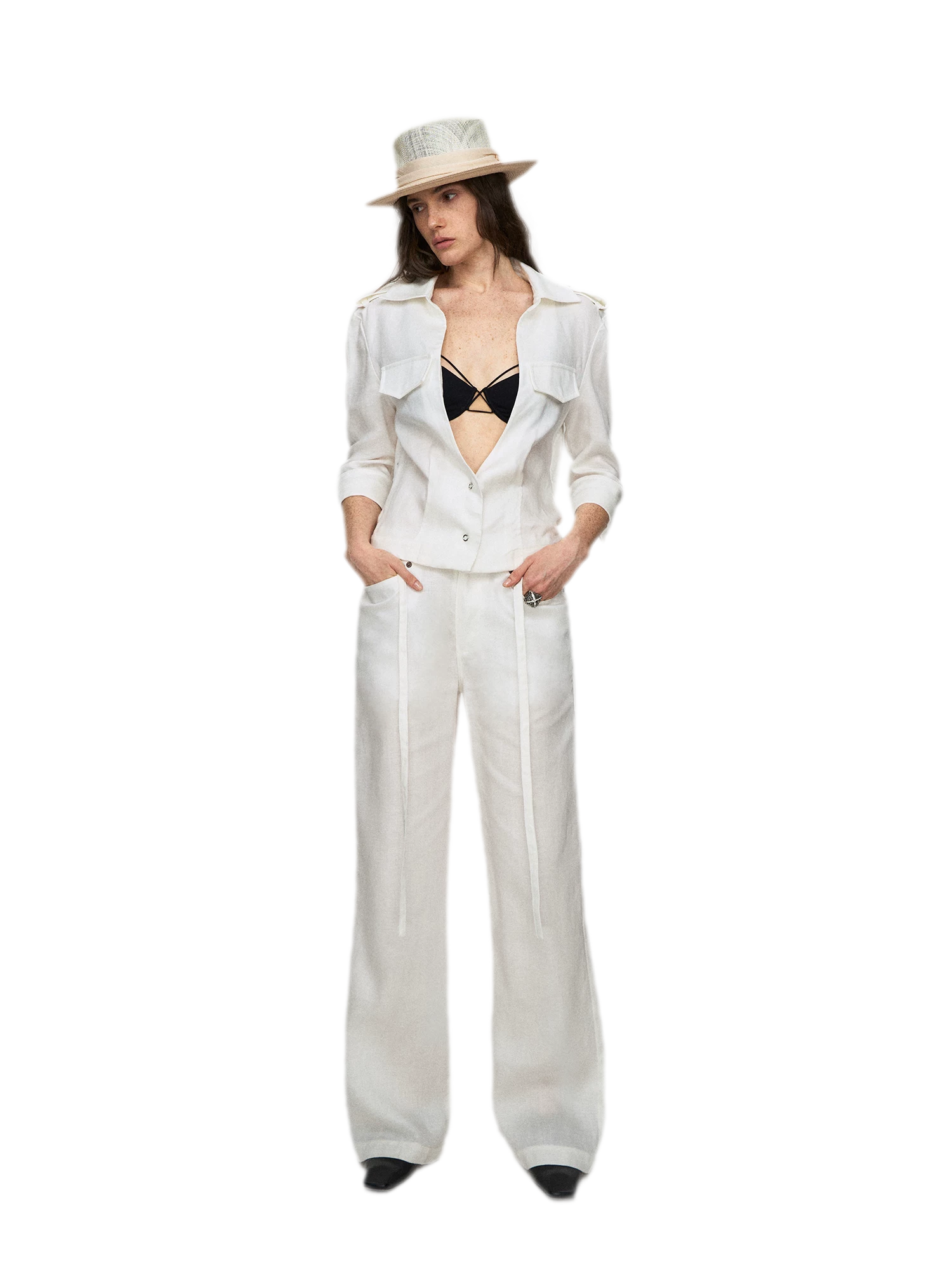 Tencel Linen Cool-Feel Mid-Sleeve Shirt &amp; High-Waist Wide-Leg