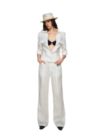 Tencel Linen Cool-Feel Mid-Sleeve Shirt &amp; High-Waist Wide-Leg
