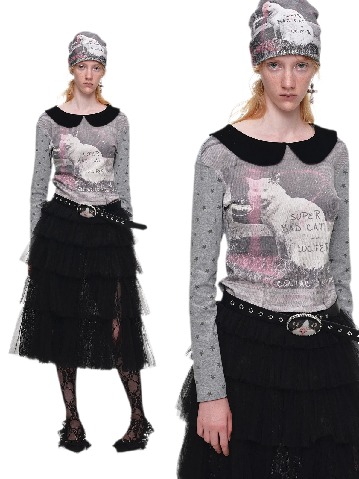 Camiseta de cuello Peter Pan con bloques de color y gato