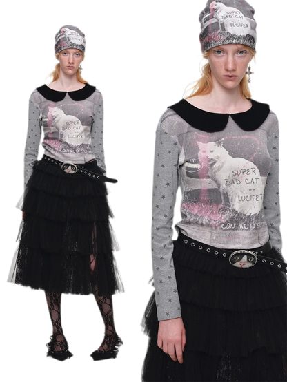 Camiseta de cuello Peter Pan con bloques de color y gato