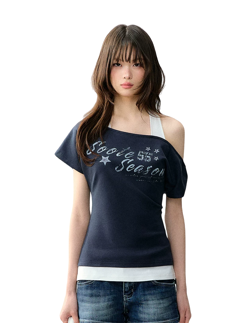 Vintage American Style Printed Off-Shoulder Cropped T-shirt