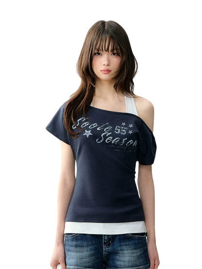Vintage American Style Printed Off-Shoulder Cropped T-shirt
