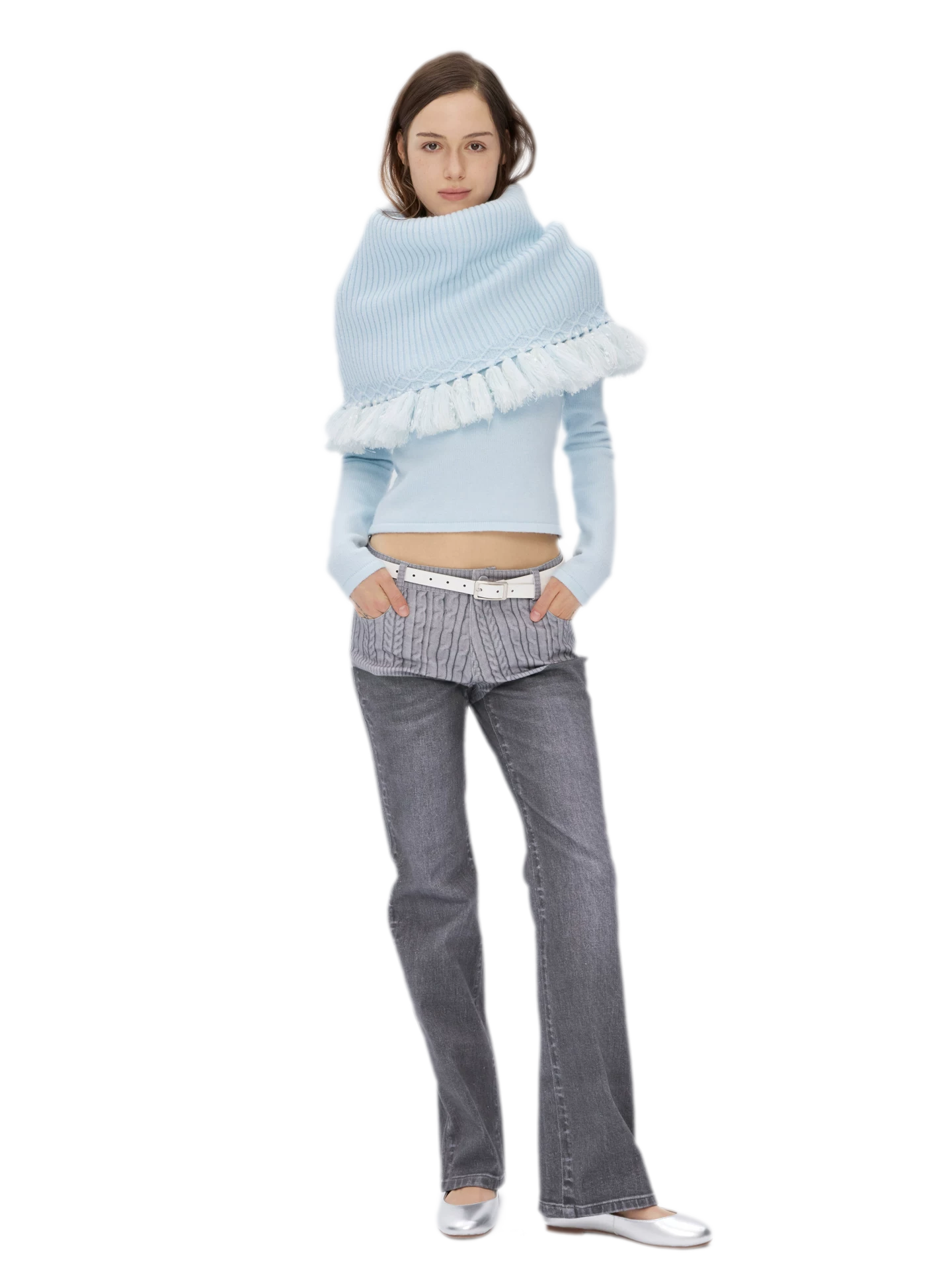 Fringed Ribbed Turtleneck Knit Top