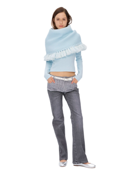 Fringed Ribbed Turtleneck Knit Top