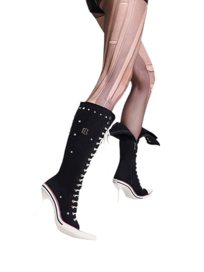 Studded Canvas Knee-High Boots