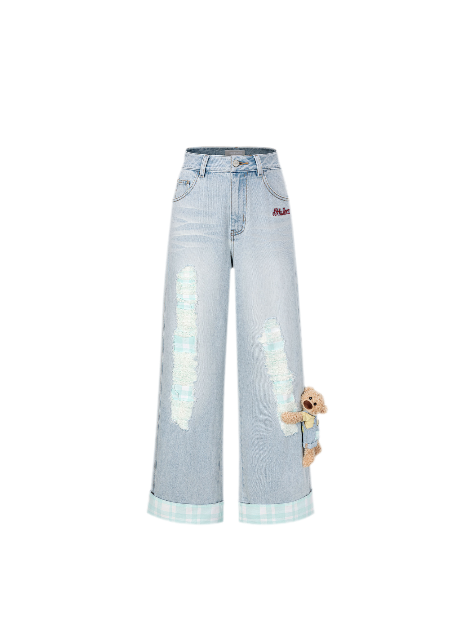 Plaid Cuff Embroidered Jeans