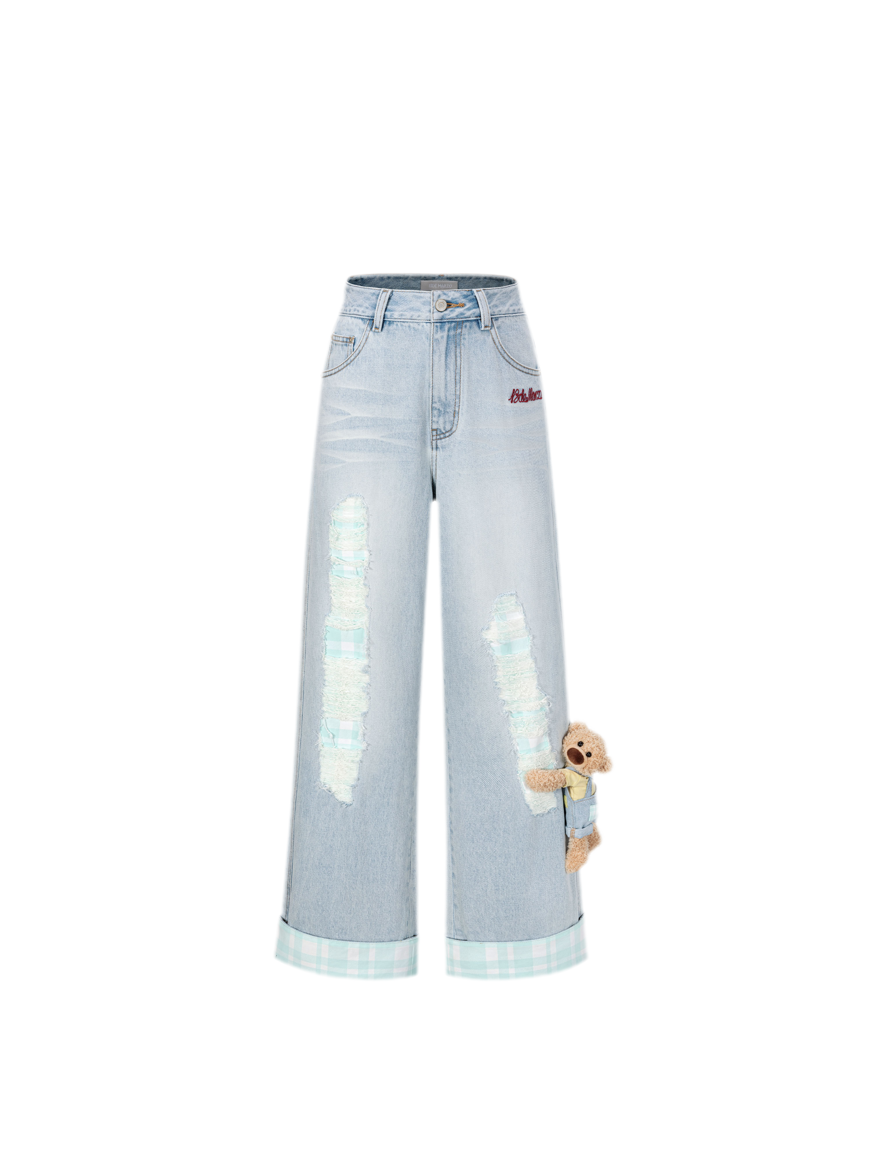 Plaid Cuff Embroidered Jeans