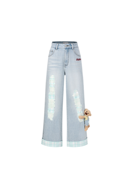 Plaid Cuff Embroidered Jeans