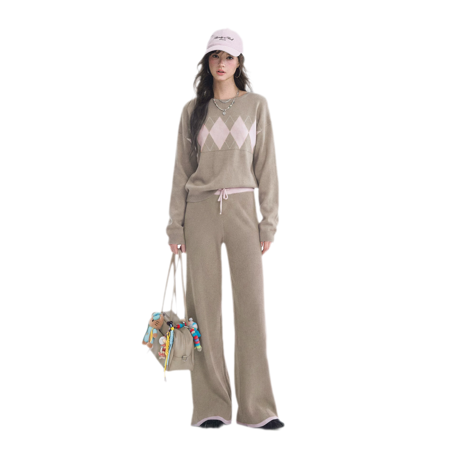Argyle Off-Shoulder Knit Set