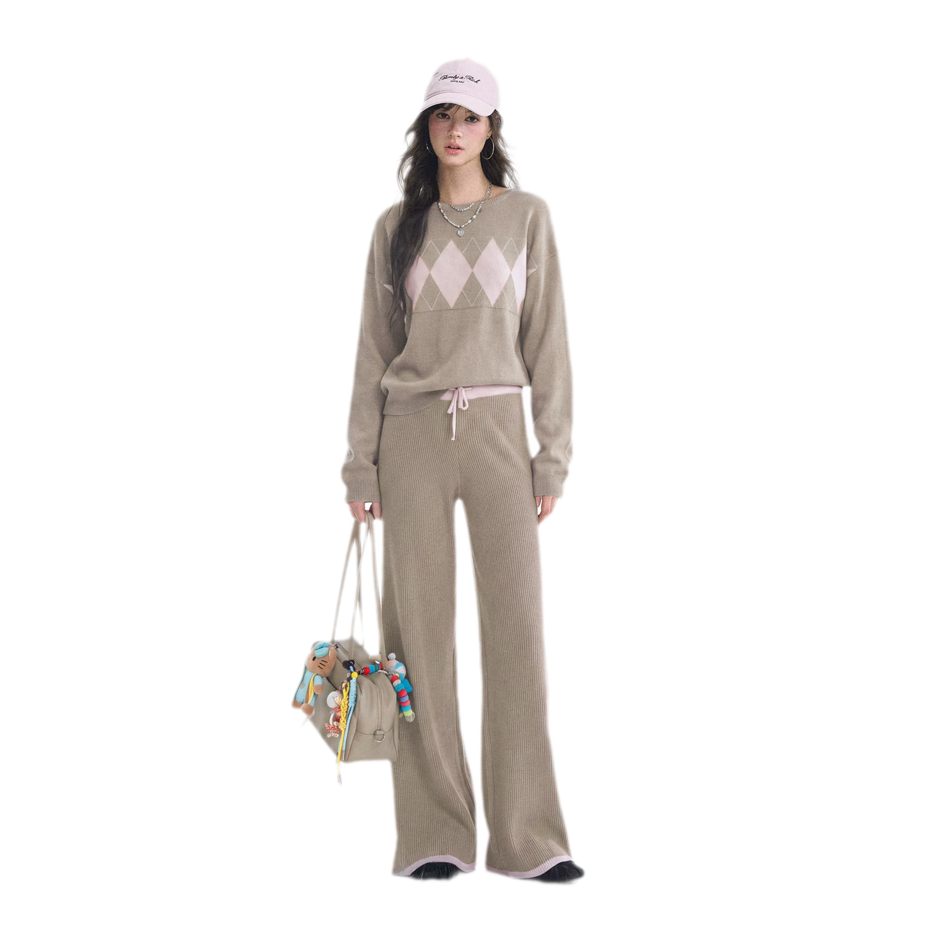 Argyle Off-Shoulder Knit Set