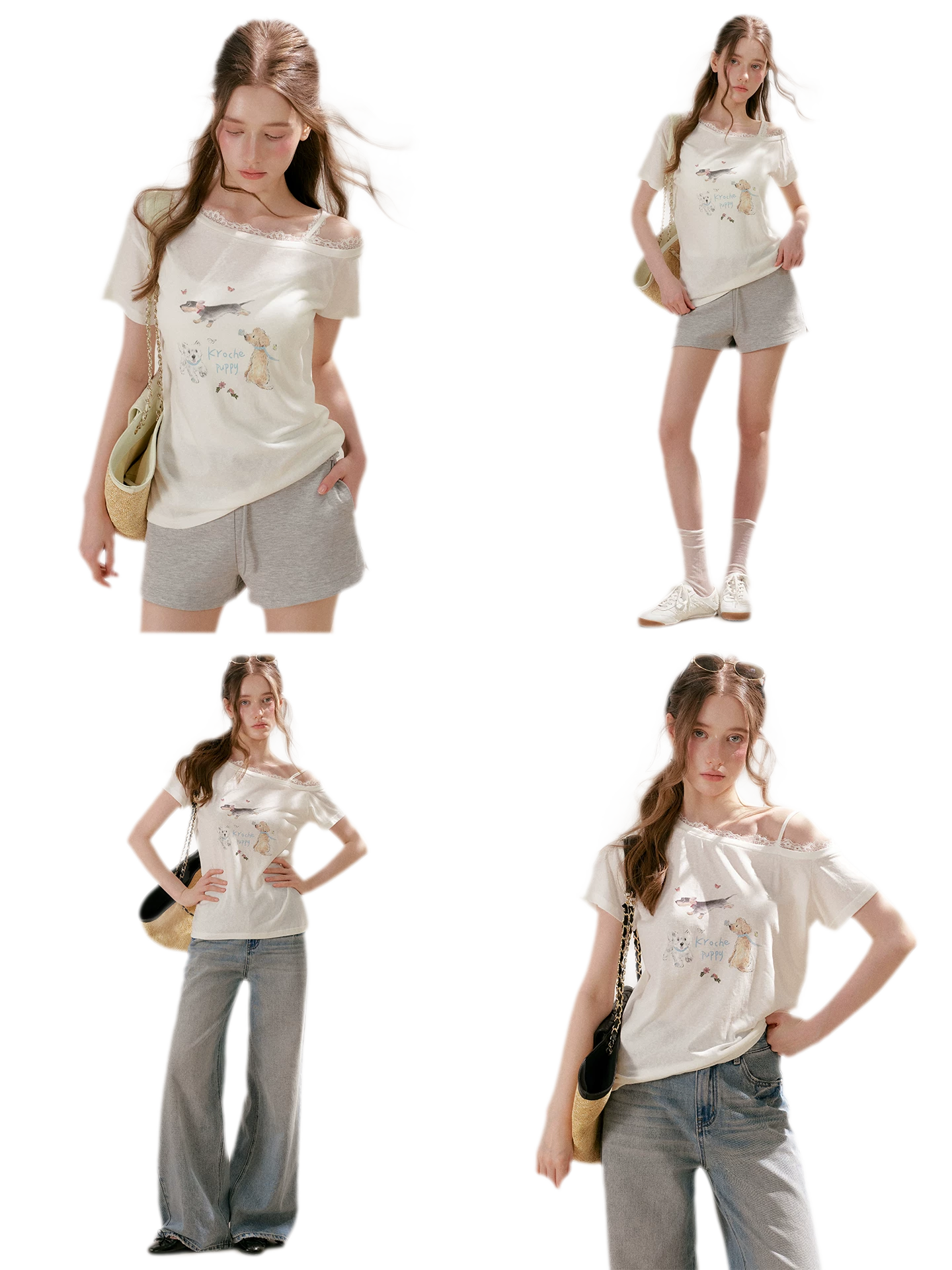 Tencel Cotton French Lace Puppy Print Asymmetric T-Shirt