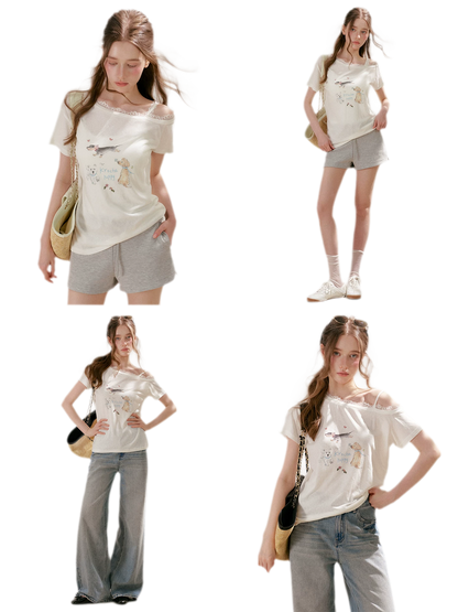 Tencel Cotton French Lace Puppy Print Asymmetric T-Shirt