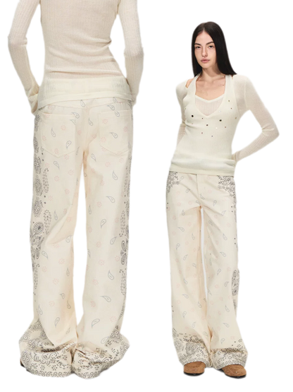 Vintage Paisley Print Relaxed Wide-Leg Pants