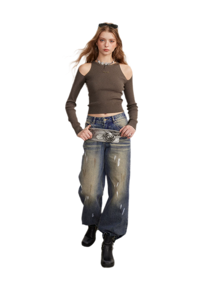 Washed Paint-Splatter Wide-Leg Jeans