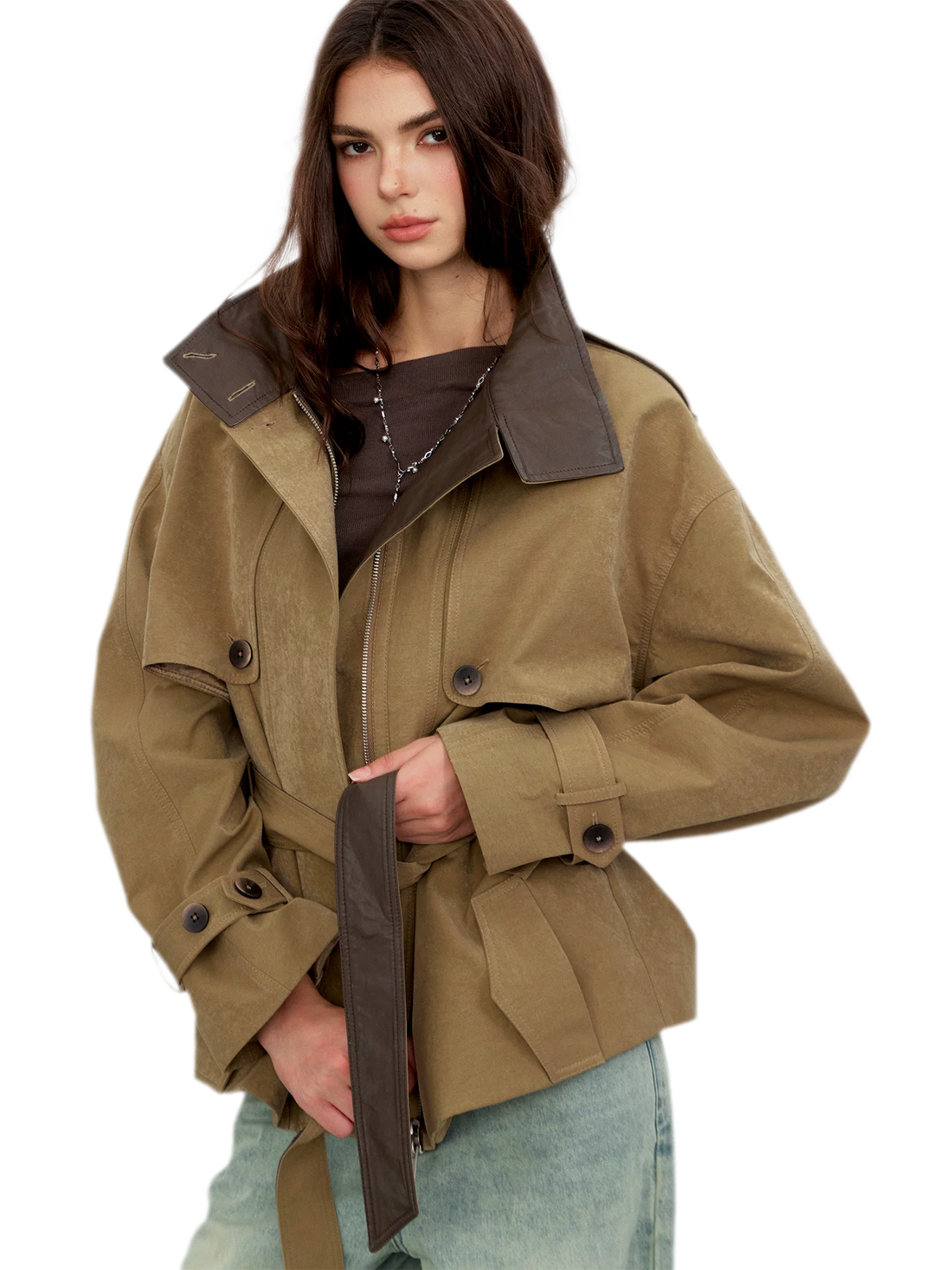 Pleated Stand-Collar Utility Jacket