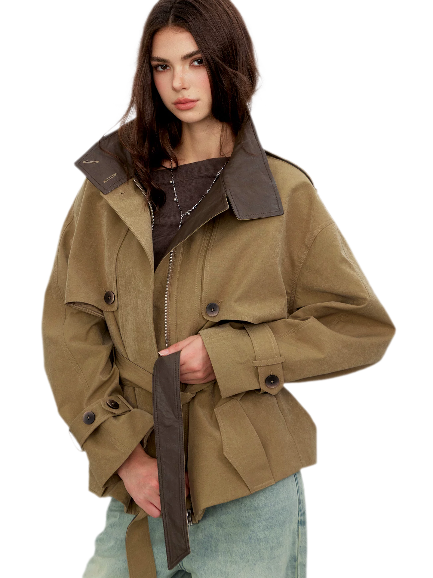 Pleated Stand-Collar Utility Jacket