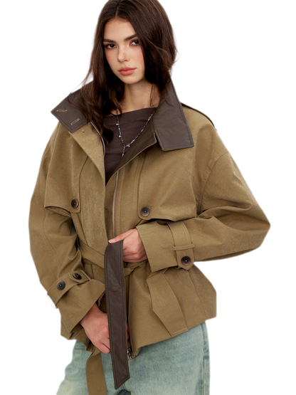 Pleated Stand-Collar Utility Jacket
