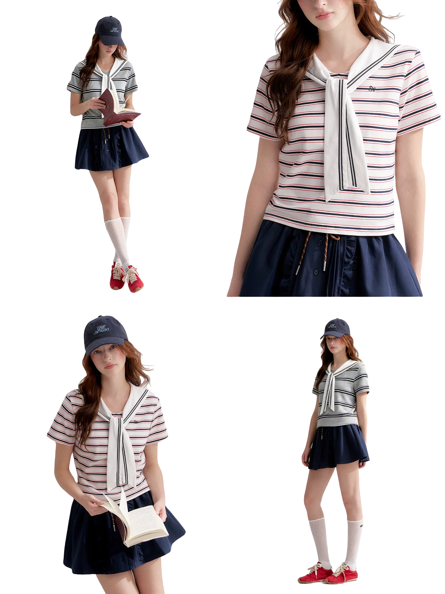 Navy Sailor Collar Tie-Striped Short T-shirt