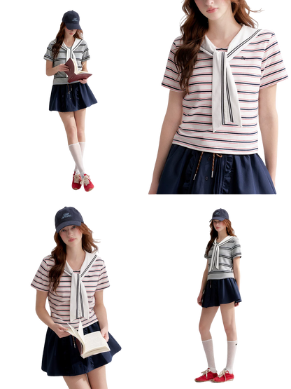 Navy Sailor Collar Tie-Striped Short T-shirt