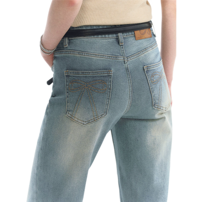 Washed Bow Embroidery Jeans