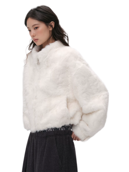 Embossed Cropped Faux Fur Jacket