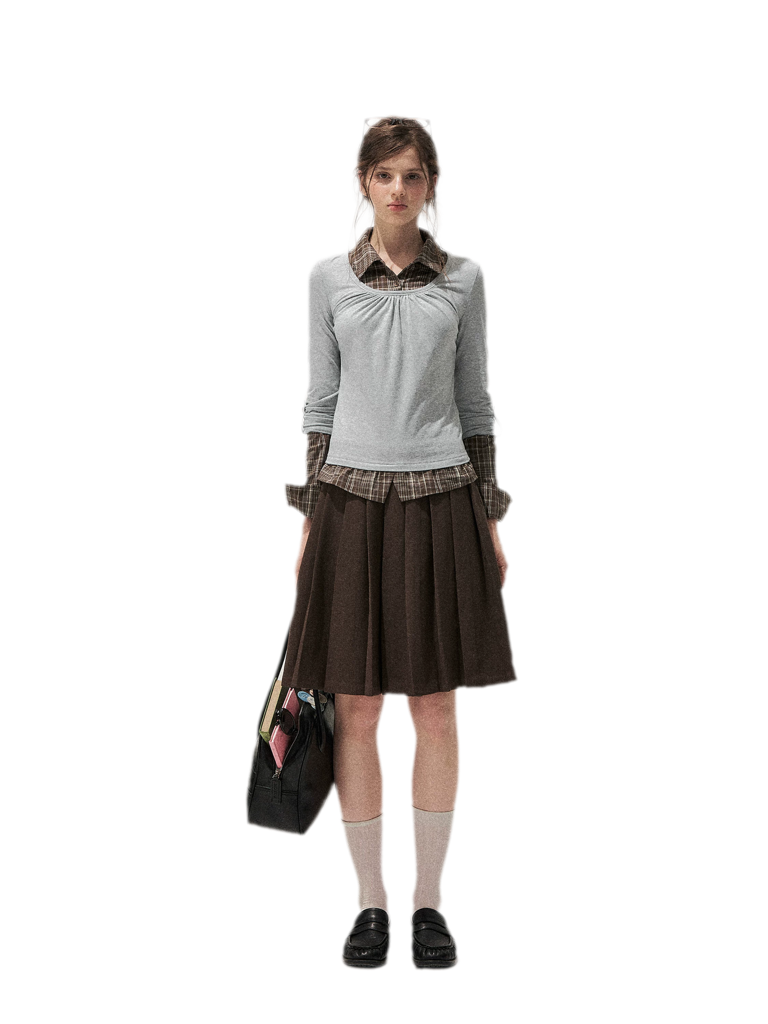Patchwork Plaid Pleated A-Line Skirt