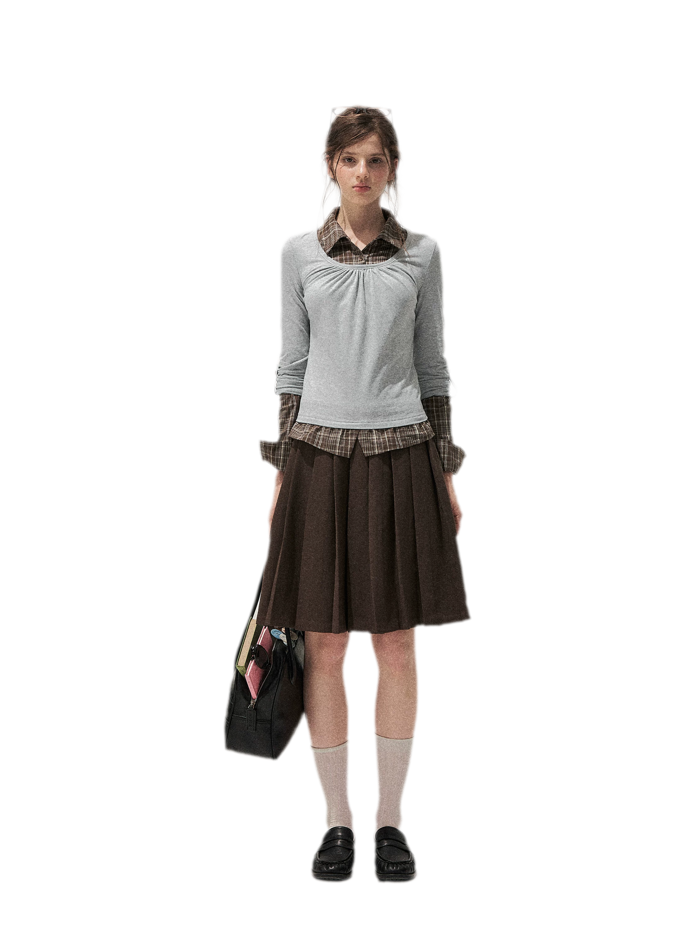 Patchwork Plaid Pleated A-Line Skirt