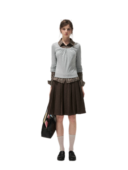 Patchwork Plaid Pleated A-Line Skirt