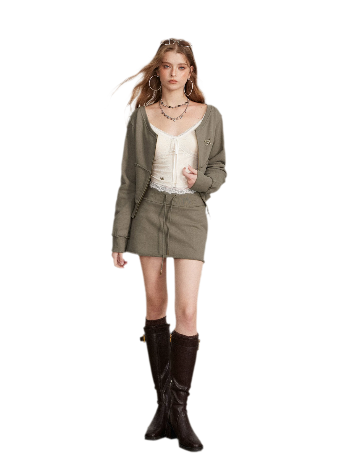 Raw Edge Zip Sweatshirt Set