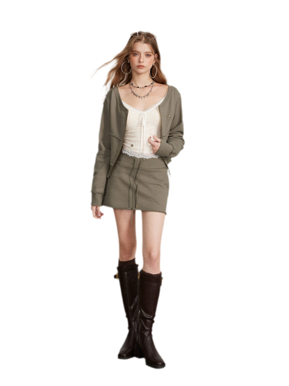 Raw Edge Zip Sweatshirt Set