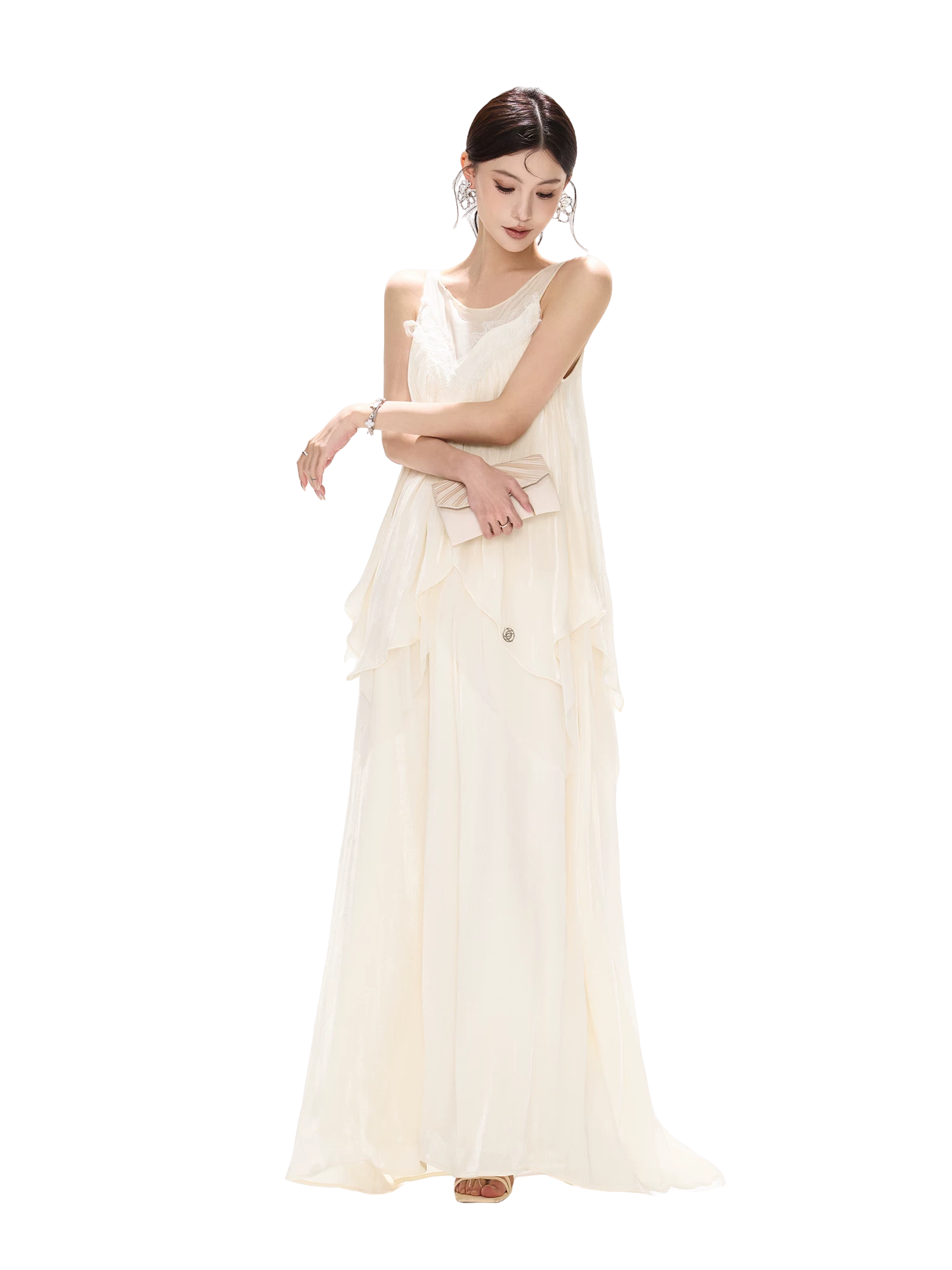 Sleeveless Mesh Spliced Ruffle Long Dress