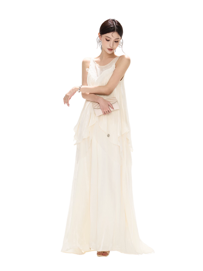 Sleeveless Mesh Spliced Ruffle Long Dress