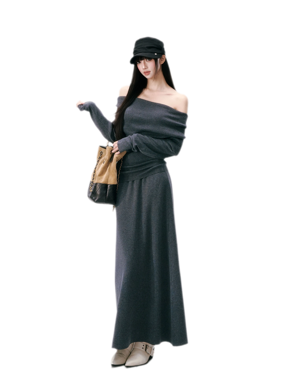 Wool Blend Off-Shoulder Skirt Set