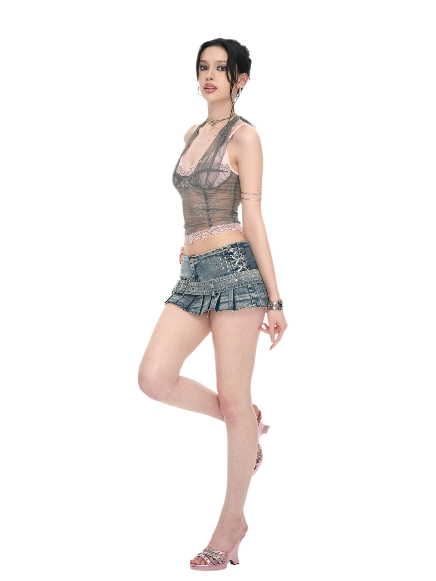 Gray Pink Lace Halter Neck Fitted Top