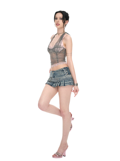 Gray Pink Lace Halter Neck Fitted Top