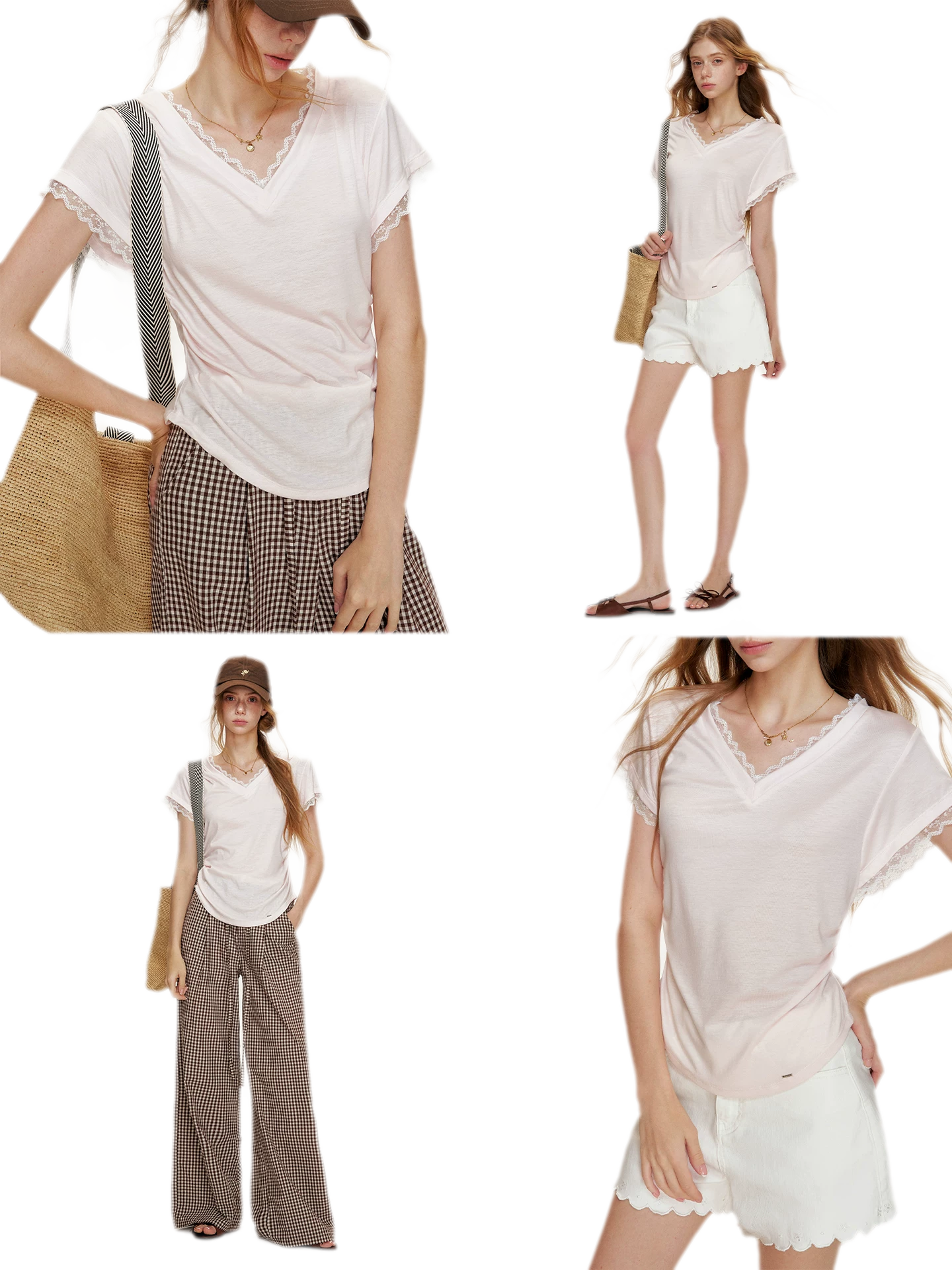 Tencel Lace Trim Loose Short Sleeve T-Shirt